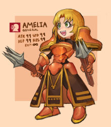 Rule 34 | 1girl, amelia (fire emblem), armor, blonde hair, border, breastplate, brown background, brown border, character name, commentary, curtained hair, deformed, faulds, fire emblem, fire emblem: the sacred stones, full body, gauntlets, greaves, green eyes, highres, holding, holding weapon, medium hair, nintendo, open mouth, outside border, pauldrons, saiykik, shoulder armor, simple background, smile, solo, standing, stats, teeth, v-shaped eyebrows, weapon
