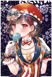 Rule 34 | 1girl, arm behind back, bang dream!, blush, bob cut, bow, bowtie, braid, breasts, candy, cleavage, detached collar, earrings, eating, embarrassed, floral background, food, frilled gloves, frills, gloves, hat, hat bow, heart, holding, holding candy, holding food, holding lollipop, jewelry, lace-trimmed sleeves, lace trim, lightning bolt earrings, lightning bolt symbol, lollipop, looking at viewer, mamaloni, medium breasts, mitake ran, multicolored hair, necklace, orange hat, pearl necklace, polka dot, polka dot bow, purple eyes, red hat, ribbon, shirt, short hair, short sleeves, side braid, solo, streaked hair, striped bow, striped bowtie, striped clothes, striped neckwear, striped ribbon, striped shirt, sweatdrop, upper body, vertical-striped clothes, vertical-striped shirt, white gloves, wrist bow