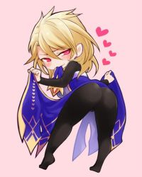Rule 34 | 10s, 1boy, aglovale (granblue fantasy), ass, black pantyhose, blonde hair, chibi, clothes lift, dress, dress lift, full body, granblue fantasy, heart, heart-shaped pupils, long hair, looking back, male focus, naughty face, pantyhose, pink background, pink eyes, simple background, siwomi, solo, symbol-shaped pupils