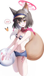 Rule 34 | 1girl, :d, absurdres, animal ears, ball, bare arms, bare shoulders, beachball, bikini, black hair, blue archive, blue shorts, breasts, cropped legs, cutoffs, denim, denim shorts, eyeshadow, fang, fox ears, fox girl, fox tail, halo, highres, holding, izuna (blue archive), izuna (swimsuit) (blue archive), large tail, looking at viewer, makeup, micro shorts, nagul, navel, official alternate costume, open fly, open mouth, revision, scarf, short hair, shorts, simple background, small breasts, smile, solo, spoken blush, stomach, strap gap, string bikini, striped bikini, striped clothes, swimsuit, tail, thighs, visor cap, white background, yellow eyes
