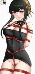 Rule 34 | 1girl, absurdres, arms behind back, bare shoulders, bdsm, black dress, black hair, blush, bondage, bottomless, bound, breasts, cleavage, commentary, cowboy shot, crotch rope, dress, dynorz, english commentary, grey background, groin, hairband, highres, large breasts, long hair, looking at viewer, microdress, parted lips, red eyes, rope, shibari, sidelocks, simple background, solo, spy x family, standing, thighs, v-shaped eyebrows, yor briar