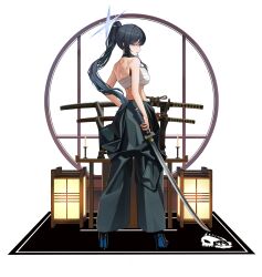 Rule 34 | 1girl, absurdres, alternate costume, back, bare arms, bare shoulders, black footwear, black hair, black jumpsuit, blue archive, blue eyes, blue halo, breasts, chest sarashi, floor lamp, from behind, full body, hallo (rltkdydrltk), halo, high heels, highres, holding, holding sword, holding weapon, jumpsuit, jumpsuit around waist, katana, large breasts, long hair, looking at viewer, looking back, midriff, ponytail, saori (blue archive), sarashi, solo, standing, sword, transparent background, weapon
