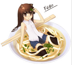 Rule 34 | 1girl, animal ears, bad id, bad pixiv id, brown eyes, brown hair, chopsticks, cup, food, in container, in cup, in food, lesskiss, long hair, mini person, minigirl, noodles, on plate, original, plate, skirt, solo, thighhighs, udon