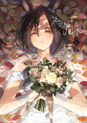 Rule 34 | 1girl, absurdres, air groove (umamusume), animal ears, bare shoulders, bouquet, bridal gauntlets, brown hair, chess piece, closed eyes, dress, english text, flower, hair between eyes, highres, holding, holding bouquet, horse ears, horse girl, king (chess), leaf, off-shoulder dress, off shoulder, on floor, oshiri seijin, queen (chess), short hair, signature, sleeveless, sleeveless dress, solo, umamusume, wedding dress