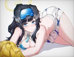 Rule 34 | 1girl, animal ears, bare arms, bare shoulders, black hair, blue archive, blue eyes, breasts, cheerleader, cleavage, closed mouth, criss-cross halter, crop top, detached collar, dog ears, goggles, goggles on head, halo, halterneck, hibiki (blue archive), hibiki (cheer squad) (blue archive), highres, holding, holding pom poms, long hair, looking at viewer, lying, medium breasts, midriff, millennium cheerleader outfit (blue archive), miniskirt, official alternate costume, on stomach, pleated skirt, pom pom (cheerleading), pom poms, shirt, skirt, sleeveless, sleeveless shirt, solo, spaghetti strap, sweatdrop, thighs, white shirt, white skirt, yareen