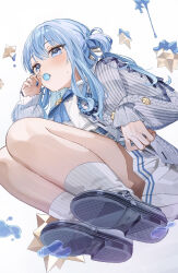 Rule 34 | 1girl, absurdres, asa going, black footwear, blue eyes, blue hair, blush, candy, food, highres, hololive, hoshimachi suisei, hoshimachi suisei (school uniform), lollipop, long hair, long sleeves, looking at viewer, official alternate costume, pleated skirt, ponytail, shirt, shoes, sitting, skirt, socks, solo, sweat, virtual youtuber, white background, white shirt, white skirt, white socks