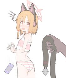 Rule 34 | 1boy, 1girl, absurdres, anal tail, animal ear headphones, animal ears, ass, bare shoulders, blonde hair, blue archive, blush, bra, butt plug, cat ear headphones, embarrassed, fake animal ears, fake tail, from behind, halo, handheld game console, headphones, highres, looking at viewer, looking back, low tied sidelocks, momoi (blue archive), nervous sweating, nose blush, open mouth, out of frame, panties, pink halo, s10021, sex toy, simple background, solo focus, standing, striped, striped panties, surprised, sweat, tail, underwear, underwear only, white background