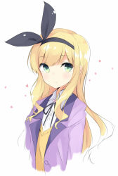 Rule 34 | 1girl, :&gt;, bad id, bad pixiv id, black bow, blazer, blonde hair, blush, bow, closed mouth, collared shirt, green eyes, hair bow, hairband, isurugi mio, jacket, long hair, looking at viewer, mimura zaja, mm!, open clothes, open jacket, shirt, smile, solo, sweater, upper body, v-neck, wavy hair, white shirt