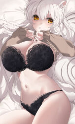 Rule 34 | 1girl, absurdres, animal ears, black bra, black panties, blush, bra, breasts, cat ears, cleavage, clothes lift, commentary, highres, large breasts, long hair, long sleeves, looking at viewer, myao (o3o333), navel, original, panties, parted lips, shirt lift, solo, stomach, symbol-only commentary, thighs, underwear, white background, yellow eyes