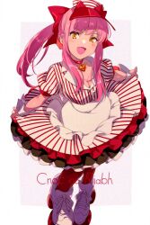 Rule 34 | 1girl, apron, bell, blush, bow, breasts, character name, choker, cleavage, cnoc na riabh (fate), cosplay, dress, echo (circa), fate/grand order, fate (series), hair bow, hair ribbon, hat, layered skirt, long hair, looking at viewer, medb (fate), medium breasts, open mouth, pink hair, ponytail, puffy short sleeves, puffy sleeves, red bow, red dress, red hat, red thighhighs, ribbon, roller skates, shirt, short sleeves, sidelocks, skates, skirt, smile, solo, striped clothes, striped dress, striped shirt, tamamo (fate), tamamo cat (fate), tamamo cat (lostroom outfit) (fate), tamamo cat (lostroom outfit) (fate) (cosplay), thighhighs, vertical-striped clothes, vertical-striped shirt, visor cap, waist apron, wrist cuffs, yellow eyes