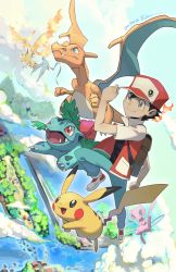Rule 34 | above clouds, articuno, backpack, bag, baseball cap, black hair, charizard, closed mouth, cloud, commentary request, creatures (company), dated, day, e volution, flame-tipped tail, flying, game freak, gen 1 pokemon, grey eyes, hand up, hat, ivysaur, jacket, legendary pokemon, mew (pokemon), moltres, mythical pokemon, nintendo, outdoors, pants, pikachu, pokemon, pokemon (creature), pokemon lgpe, red (pokemon), shoes, short sleeves, smile, water, watermark, zapdos