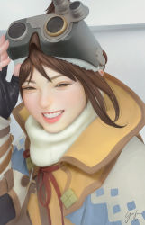 Rule 34 | 1girl, arm up, artist name, black gloves, brown eyes, brown hair, commentary, dated, fingernails, geo siador, gloves, goggles, half-closed eyes, handler (monster hunter world), highres, looking at viewer, monster hunter, monster hunter: world, monster hunter (series), nose, open mouth, parted lips, photorealistic, pink lips, realistic, short hair, signature, solo