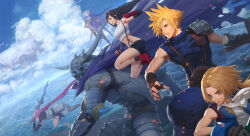 Rule 34 | 2girls, 4boys, armor, ascot, bare shoulders, black gloves, black hair, black skirt, black socks, blonde hair, blue eyes, blue shirt, blue sky, boots, breasts, brown gloves, buster sword, cape, clenched hands, closed mouth, cloud, cloud strife, cloudy sky, commentary, crop top, diaodiao, dissidia final fantasy, earrings, elbow gloves, emperor (ff2), fake horns, fighting stance, final fantasy, final fantasy i, final fantasy ii, final fantasy ix, final fantasy vii, final fantasy xiii, fingerless gloves, floating, floating hair, garland (ff1), gloves, helmet, holding, holding sword, holding weapon, horned helmet, horns, jewelry, jumping, large breasts, lightning farron, long hair, looking to the side, low ponytail, midriff, miniskirt, multiple boys, multiple girls, navel, ocean, parted bangs, parted lips, pink hair, purple cape, red eyes, red footwear, red gloves, shirt, short hair, short hair with long locks, shoulder armor, single bare shoulder, single earring, skirt, sky, sleeveless, sleeveless turtleneck, socks, spiked hair, suspender skirt, suspenders, sweater, swept bangs, sword, tank top, tifa lockhart, turtleneck, turtleneck sweater, water, weapon, white ascot, white tank top, zidane tribal