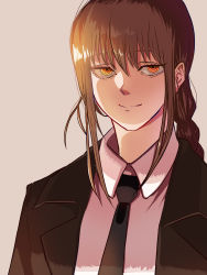 Rule 34 | 1girl, bags under eyes, black necktie, braid, braided ponytail, brown hair, business suit, chainsaw man, collared shirt, formal, hair between eyes, highres, light smile, looking at viewer, makima (chainsaw man), necktie, ringed eyes, shaded face, shirt, simple background, smile, solo, suit, sunlight, user yvsf3522, yellow eyes