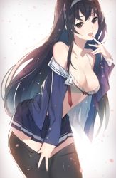 Rule 34 | 1girl, :d, bare shoulders, black hair, bra, breasts, clothes pull, gradient background, hairband, kasumigaoka utaha, long hair, off shoulder, open mouth, pantyhose, pantyhose pull, petals, pulling own clothes, red eyes, saenai heroine no sodatekata, school uniform, smile, solo, underwear, undressing, weee (raemz)