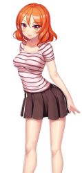 Rule 34 | 1girl, blush, breasts, collarbone, dmm, drive on requesta, female focus, game cg, large breasts, legs, looking at viewer, matching hair/eyes, orange eyes, orange hair, short hair, simple background, skirt, smile, solo, standing, striped, thighs, white background