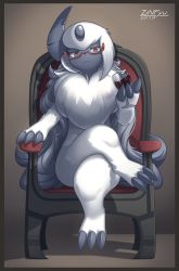 Rule 34 | 1girl, 2017, :3, absol, absurdres, alcohol, artist name, border, brown background, brown eyes, chair, claws, closed mouth, colored skin, creatures (company), crossed legs, cup, cupping glass, dated, drinking glass, full body, furry, furry female, game freak, gen 3 pokemon, glasses, grey hair, grey skin, head tilt, highres, holding, holding cup, holding drinking glass, horns, long hair, looking at viewer, nintendo, pokemon, pokemon (creature), red-framed eyewear, semi-rimless eyewear, silhouette, single horn, sitting, under-rim eyewear, very long hair, white hair, wine, wine glass, zinfyu
