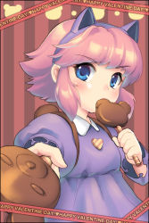 Rule 34 | 1girl, animal ears, annie (league of legends), blue eyes, blush, candy, cat ears, chocolate, dakun, fake animal ears, league of legends, lollipop, looking at viewer, mouth hold, pink hair, short hair, solo, striped, striped background, valentine