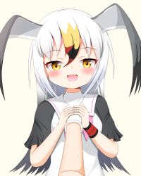 Rule 34 | 1girl, 1other, :d, absurdres, black-tailed gull (kemono friends), black hair, blonde hair, brown background, dress, gloves, grey hair, grey wings, head wings, highres, kemono friends, long hair, multicolored hair, open mouth, red hair, sailor collar, sailor dress, shin01571, short sleeves, simple background, smile, solo focus, sweat, two-tone hair, very long hair, white dress, white gloves, white hair, white sailor collar, wings