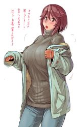 Rule 34 | 1girl, blush, breasts, brown eyes, brown gloves, brown hair, cowboy shot, denim, gloves, large breasts, long sleeves, looking at viewer, matching hair/eyes, open mouth, original, ribbed sweater, rozen maiden, short hair, solo, souseiseki, sweater, text focus, translation request, tsuda nanafushi, turtleneck, turtleneck sweater, undressing, white background