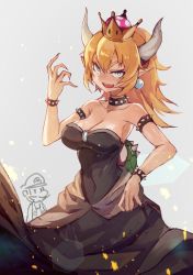 Rule 34 | 1boy, 1girl, :d, black dress, blonde hair, bowsette, bracelet, breasts, chibi, chibi inset, cleavage, collar, crown, dress, earrings, fang, fingernails, grey background, hand up, highres, horns, jewelry, large breasts, long dress, looking at viewer, mario, mario (series), nintendo, open mouth, pointy ears, ponytail, sanshouuo, sharp fingernails, smile, solo focus, spiked bracelet, spiked collar, spikes, strapless, strapless dress, super crown