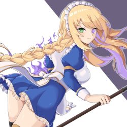 Rule 34 | 1girl, apron, blonde hair, breasts, closed mouth, dual-personality maid amy, expressionless, green eyes, guardian tales, highres, holding, holding weapon, long hair, looking at viewer, maid, maid apron, medium breasts, purple eyes, schnee tan, simple background, solo, weapon