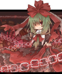 Rule 34 | 1girl, adapted costume, alternate eye color, bad id, bad pixiv id, belt, bow, chain, dress, female focus, fingerless gloves, frills, front ponytail, gloves, green hair, hair bow, hair ornament, hair ribbon, kagiyama hina, long hair, looking at viewer, metazou, red dress, red eyes, ribbon, skirt hold, smile, solo, thumbs down, touhou, wink