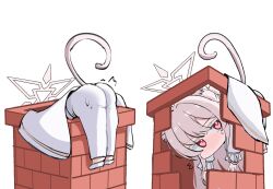 Rule 34 | 1girl, akira (blue archive), animal ears, blue archive, blush, brick, cat ears, cat tail, chibi, colored eyelashes, deriolet, halo, highres, long hair, long sleeves, multiple views, pants, pink halo, red eyes, shirt, shoes, simple background, stuck, tail, through wall, white background, white footwear, white hair, white pants, white shirt