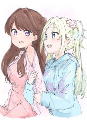Rule 34 | 2girls, :d, arm hug, blonde hair, blue eyes, blue hair, blue hoodie, blush, breasts, brown hair, clothes writing, clothing cutout, commentary, dress, fang, flower, fujishima megumi, gradient hair, hair flower, hair ornament, highres, hood, hood down, hoodie, kumacha, light blue hair, link! like! love live!, long hair, long sleeves, looking at another, love live!, medium breasts, mira-cra park!, multicolored hair, multiple girls, open mouth, osawa rurino, parted bangs, pinafore dress, pink background, pink dress, pink flower, pink shirt, purple eyes, shirt, shoulder cutout, sleeveless, sleeveless dress, smile, teeth, twintails, two side up, upper teeth only, virtual youtuber, white flower