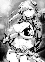 Rule 34 | &gt;:), 1girl, abs, absurdres, alternate breast size, american flag bikini, asymmetrical hair, bikini, breasts, bun cover, choker, closed mouth, cowboy shot, day, fate/grand order, fate (series), fingerless gloves, flag print, floating hair, front-tie bikini top, front-tie top, gloves, greyscale, gunblade, hair bun, highres, holding, holding weapon, huge breasts, long hair, long sleeves, looking at viewer, miyamoto musashi (fate), miyamoto musashi (fate/grand order), miyamoto musashi (swimsuit berserker) (fate), miyamoto musashi (swimsuit berserker) (second ascension) (fate), monochrome, navel, orphen (pink seito), outdoors, paid reward available, pointing, pointing at viewer, side bun, side ponytail, single side bun, skindentation, smile, solo, stomach, swimsuit, toned, v-shaped eyebrows, weapon