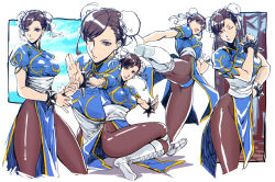 Rule 34 | 1girl, boots, bracelet, breasts, brown eyes, brown hair, brown pantyhose, bun cover, capcom, china dress, chinese clothes, chun-li, double bun, dress, earrings, hair bun, image sample, iwamoto eiri, jewelry, knee boots, large breasts, martial arts, multiple views, pantyhose, pelvic curtain, pixiv sample, sash, serious, spiked bracelet, spikes, street fighter, thick thighs, thighs