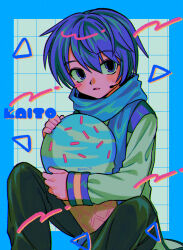 Rule 34 | 1boy, aqua border, artist name, black pants, blue hair, blue scarf, blush, border, character name, coat, film grain, food, grid background, highres, holding, holding stuffed toy, ice cream, kaito (vocaloid), long sleeves, looking at viewer, menma (enaic31), pants, parted lips, scarf, short hair, sitting, solo, sprinkles, stuffed toy, sweatdrop, vocaloid, white background, white coat