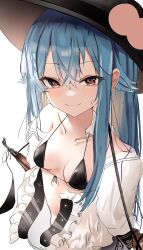 Rule 34 | 1girl, absurdres, bikini, black bikini, black hat, blue hair, blush, breasts, closed mouth, collarbone, hair between eyes, hat, highres, hinanawi tenshi, long hair, looking at viewer, ougiikun, red eyes, shirt, short sleeves, simple background, small breasts, solo, swimsuit, touhou, upper body, white background, white shirt