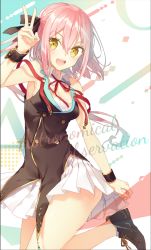 Rule 34 | 1girl, bare shoulders, breasts, cleavage, dress, highres, looking at viewer, open mouth, original, pink hair, smile, solo, tika (mika4975), v, wrist cuffs, yellow eyes