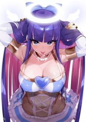 Rule 34 | 1girl, absurdres, angel wings, armpits, arms up, bare shoulders, blue bow, blue eyes, blunt bangs, blush, bow, breasts, cleavage, colored inner hair, covered erect nipples, detached collar, detached sleeves, dress, hair bow, halo, heart, highres, jovejun, large breasts, long hair, looking at viewer, multicolored hair, panty &amp; stocking with garterbelt, pink hair, purple hair, simple background, smile, solo, stocking (psg), tongue, tongue out, two-tone hair, white background, wings