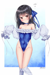 Rule 34 | 1girl, bare shoulders, black hair, blue background, blue bow, blue one-piece swimsuit, blush, bow, brown eyes, closed mouth, collarbone, commentary request, cosplay, covered navel, fate/grand order, fate/kaleid liner prisma illya, fate (series), feet out of frame, female focus, flying sweatdrops, frilled swimsuit, frills, gradient background, groin, hair bow, hair ornament, hairclip, half updo, head tilt, highres, kneehighs, knees together feet apart, long hair, long sleeves, looking at viewer, meltryllis, meltryllis (fate), meltryllis (swimsuit lancer) (fate), meltryllis (swimsuit lancer) (fate) (cosplay), meltryllis (swimsuit lancer) (second ascension) (fate), miyu edelfelt, off-shoulder one-piece swimsuit, one-piece swimsuit, outside border, parted bangs, puffy long sleeves, puffy sleeves, puririn, simple background, sleeves past fingers, sleeves past wrists, socks, solo, standing, strapless, strapless one-piece swimsuit, swimsuit, thigh gap, twitter username, white socks, x hair ornament