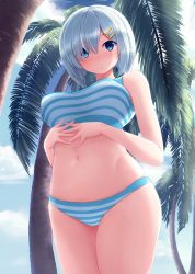 Rule 34 | 10s, 1girl, bikini, blue eyes, blush, breasts, cowboy shot, eyes visible through hair, from below, hair ornament, hair over one eye, hairclip, hamakaze (kancolle), highres, kantai collection, large breasts, looking at viewer, midriff, navel, nicoby, palm tree, parted lips, short hair, silver hair, solo, stomach, striped bikini, striped clothes, swimsuit, thighs, tree