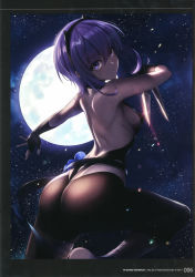 Rule 34 | 1girl, absurdres, arm up, ass, back, backless outfit, backlighting, dark-skinned female, dark skin, fate/prototype, fate/prototype: fragments of blue and silver, fate (series), fukai ryosuke, full moon, hair between eyes, hassan of serenity (fate), highres, leotard, looking at viewer, moon, outdoors, page number, pantyhose, parted lips, scan, skin tight, sky, solo, star (sky), starry sky
