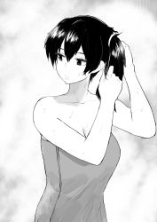 Rule 34 | 1girl, adjusting hair, bare shoulders, breasts, cleavage, commission, greyscale, highres, kaga (kancolle), kantai collection, monochrome, naked towel, norman maggot, solo, towel, upper body, wet
