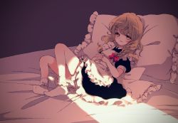 Rule 34 | 1girl, ankle socks, apron, black dress, blonde hair, bobby socks, braid, commentary request, dark room, dress, frilled skirt, frills, hair ribbon, hands on own stomach, head on pillow, highres, interlocked fingers, kirisame marisa, knees up, long hair, looking at viewer, lying, on back, on bed, own hands clasped, own hands together, parted lips, petticoat, pillow, pink theme, puffy short sleeves, puffy sleeves, ribbon, short sleeves, single braid, skirt, smile, socks, solo, touhou, tress ribbon, very long hair, white socks, yellow eyes, yurigaoka nayuki