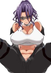 Rule 34 | 1girl, bare shoulders, belt collar, blue hair, blush, breasts, brown eyes, choker, cleavage, closed mouth, collar, curly hair, covered erect nipples, highres, highschool of the dead, large breasts, looking at viewer, medium hair, minami rika, navel, sitting, smile, solo, sports bikini, spread legs, stomach, sunglasses, tawashi1623, tinted eyewear, visor