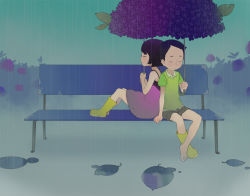 Rule 34 | 1boy, 1girl, barefoot, bench, boots, child, closed eyes, couple, hetero, holding, holding umbrella, ichikawa, rain, rubber boots, umbrella