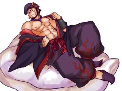 Rule 34 | 1boy, abs, hat, highres, lying, male focus, muscular, ookuninushi (p&amp;d), pectorals, puzzle &amp; dragons, scar, solo, undressing, yama kichi