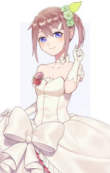 Rule 34 | 1girl, arm strap, blue eyes, bow, breasts, brown hair, choker, closed mouth, collarbone, dress, flower, gloves, green flower, green rose, hair between eyes, hair bow, hair flower, hair ornament, hairclip, highres, looking at viewer, medium hair, rose, sara (tales), side ponytail, skirt hold, sleeveless, sleeveless dress, small breasts, smile, solo, standing, strapless, strapless dress, tales of (series), tales of link, usatarou (annke-to), wedding dress, white background, white bow, white choker, white dress, white gloves, yellow bow