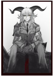 Rule 34 | 1girl, animal ears, applepiesuko, arknights, armband, collared shirt, degenbrecher (arknights), goat ears, goat girl, goat horns, greyscale, hair between eyes, highres, horns, kjerag logo, looking at viewer, military, military uniform, monochrome, necktie, pants, parted lips, shirt, sitting, sketch, solo, spot color, uniform, yellow eyes