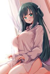 Rule 34 | 1girl, absurdres, ahoge, amano nene (vtuber), backlighting, baram, bedroom, black hair, blush, breasts, commentary, commission, curtains, dress shirt, english commentary, green eyes, hair rings, highres, indoors, large breasts, long hair, long shirt, long sleeves, looking at viewer, messy hair, morning, naked shirt, no pants, open mouth, production kawaii, second-party source, see-through, see-through silhouette, seiza, shirt, sidelocks, sitting, skeb commission, solo, virtual youtuber, waking up, white shirt, window, wing hair ornament