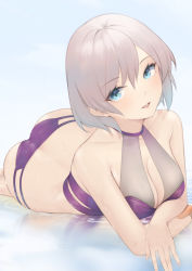 Rule 34 | 1girl, ass, bare shoulders, bikini, blue eyes, blush, breasts, brown hair, cleavage, collarbone, crossed arms, eyelashes, gridman universe, highres, large breasts, looking at viewer, lying, mari (doraerin0), medium hair, mujina, open mouth, purple bikini, see-through, smile, solo, ssss.dynazenon, swimsuit, water, wet