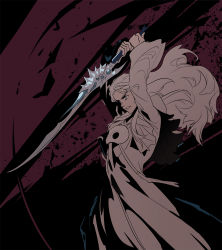 Rule 34 | 1girl, aiming, arms up, black background, blue eyes, byuub, clenched teeth, feet out of frame, final fantasy, final fantasy xiv, floating hair, from side, grey hair, grey robe, high contrast, highres, holding, holding sword, holding weapon, limited palette, long hair, long sleeves, looking down, mask, unworn mask, red background, robe, serious, solo, standing, sword, teeth, two-tone background, v-shaped eyebrows, venat (ff14), weapon
