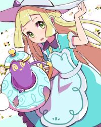 Rule 34 | 1girl, absurdres, alternate costume, apron, blonde hair, creatures (company), dress, game freak, gen 8 pokemon, green dress, green eyes, hand on headwear, hand up, hat, highres, lillie (pokemon), lillie (special costume) (pokemon), long hair, looking at viewer, nintendo, official alternate costume, open mouth, peppedayo ne, pokemon, pokemon (creature), pokemon masters ex, polteageist, short sleeves, simple background, smile, white headwear