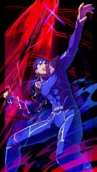 Rule 34 | 1boy, abs, angry, armor, blue bodysuit, blue hair, bodysuit, closed mouth, cu chulainn (fate), cu chulainn (fate/stay night), earrings, fate/stay night, fate (series), floating hair, gae bolg (fate), hal (haaaalhal), highres, holding, holding polearm, holding weapon, jewelry, long hair, male focus, muscular, muscular male, pauldrons, pectorals, polearm, ponytail, red eyes, shoulder armor, skin tight, solo, spiked hair, standing, throwing, veins, weapon